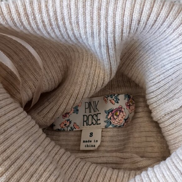 Women's Beige Turtleneck ribbed Sweater PINK ROSE | Size S - Picture 3 of 6